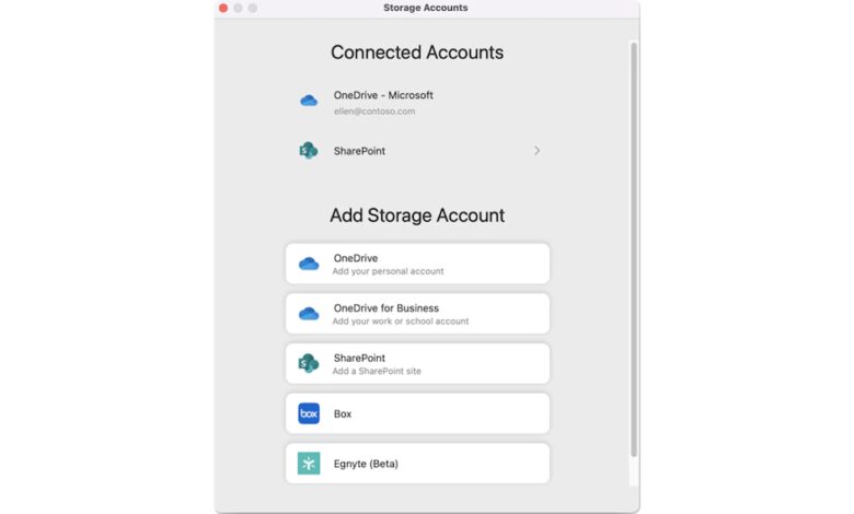 Captura de pantalla: Administrador de cuentas de almacenamiento de Office para Mac